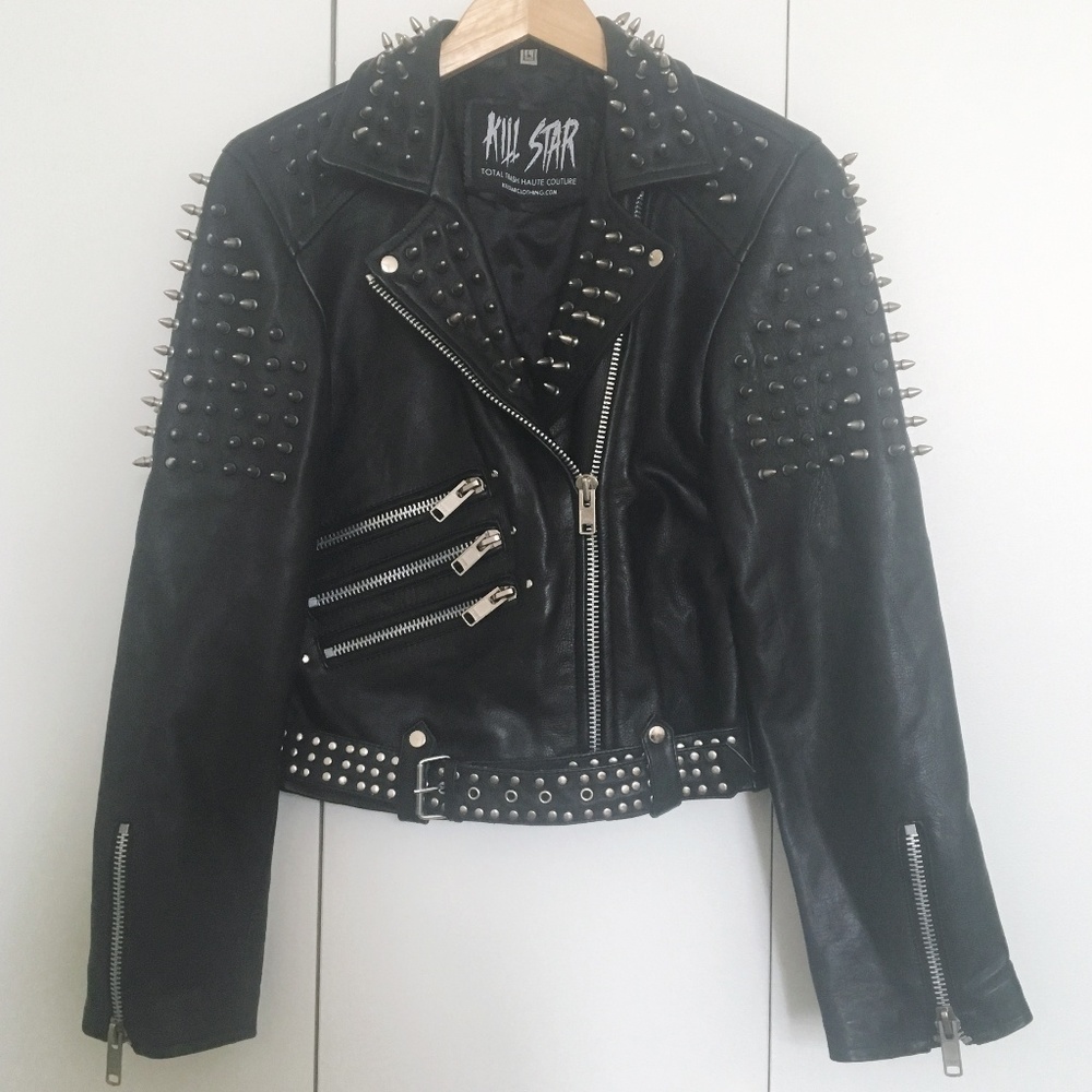 Kill Star Punk Biker Spiked Studded Black Leather Jacket